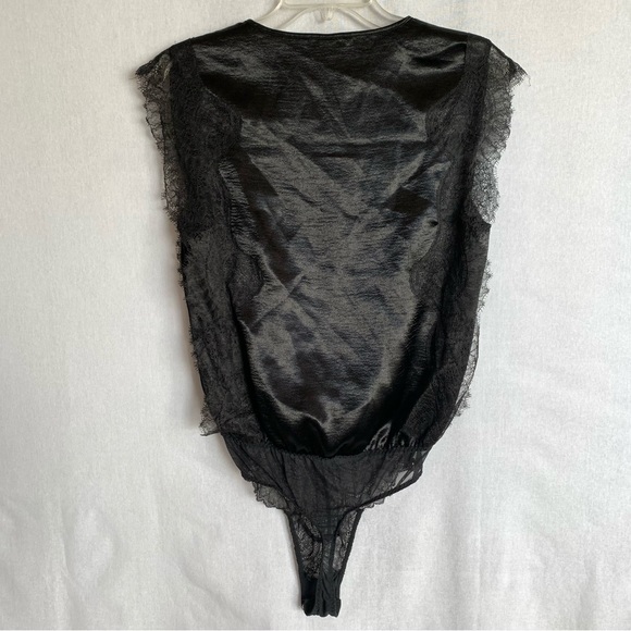 Victoria's Secret Black Satin Lace trim surplice sleeveless thong bodysuit SMALL - Picture 5 of 10